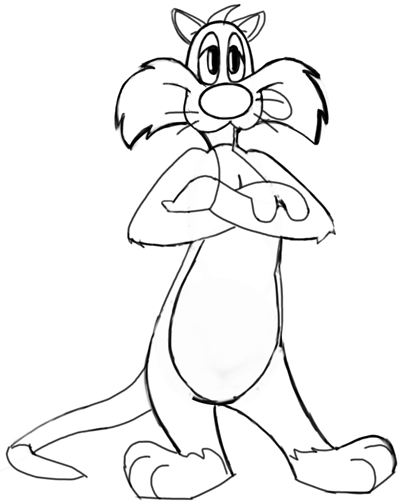 Step 9 : Drawing Sylvester Cat from Looney Tunes Step by Step Drawing Tutorial
