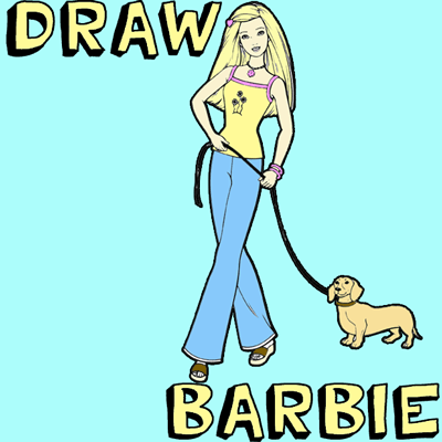 How to Draw Barbie Doll Walking Her Dog : Drawing Lesson for Girls