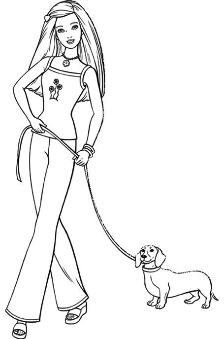 Finished Drawing of Barbie Doll Walking Her Dauchund Dog on a Leash