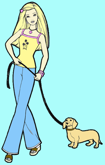 Finished Drawing of Barbie in Color - Walking Her Hot Dog Dashund Dog