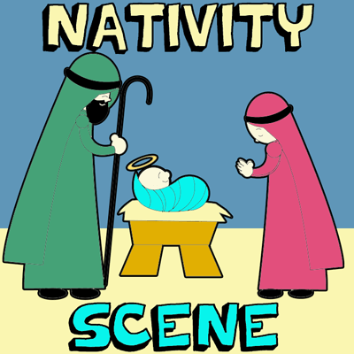 How to Draw Cartoon Nativity Scene with Baby Jesus in Manger with Mary ...