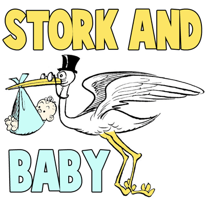How to Draw Cartoon Stork Holding Newborn Baby Drawing Tutorial