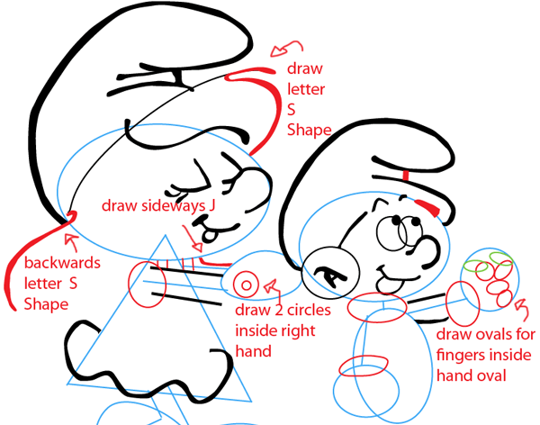 Step 6 : Drawing Smurfette and Baby Smurf from the Smurfs Easy Steps Lesson