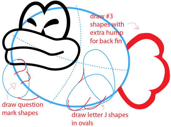 Step 6 : Drawing Sushie Fish from Nintendo's Super Paper Mario Easy Steps Lesson
