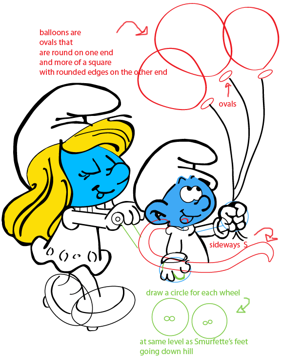 Step 9 : Drawing Smurfette and Baby Smurf from the Smurfs Easy Steps Lesson
