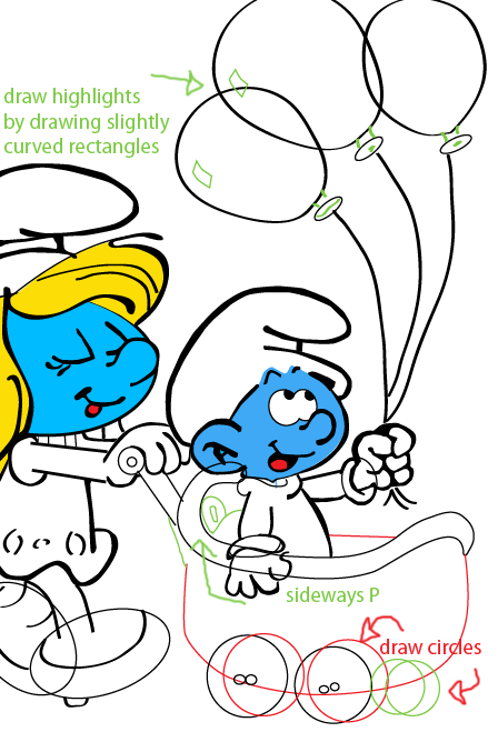 Step 10 : Drawing Smurfette and Baby Smurf from the Smurfs Easy Steps Lesson