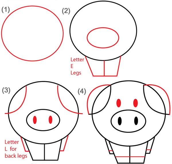 How to draw circle comic pigs step by step