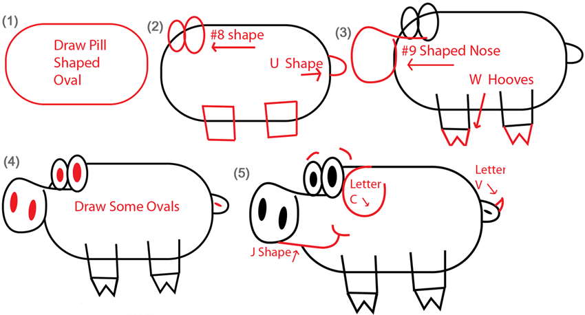 Draw Pigs with Number 9 Shaped Snouts Tutorial Steps