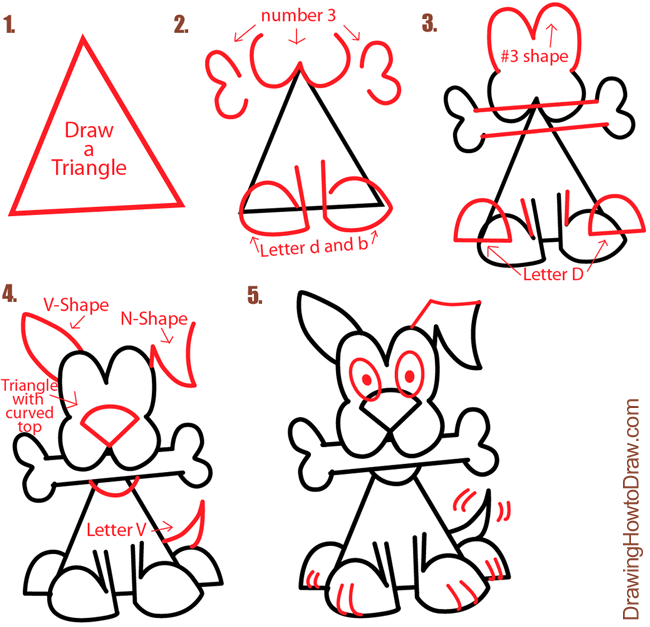 How to Draw a Triangle Dog with a bone in his mouth
