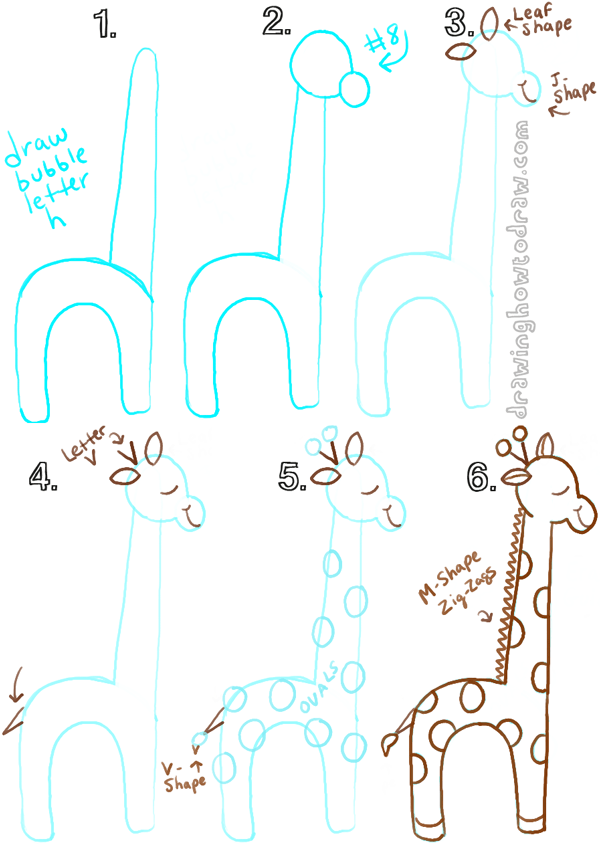 Draw a cartoon giraffe from lowercase letter h