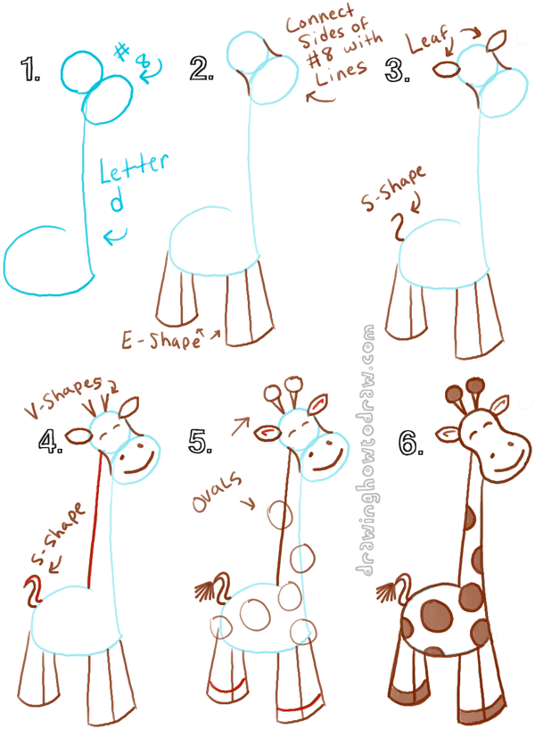 Big Guide To Drawing Cartoon Giraffes With Basic Shapes For Kids How To Draw Step By Step Drawing Tutorials