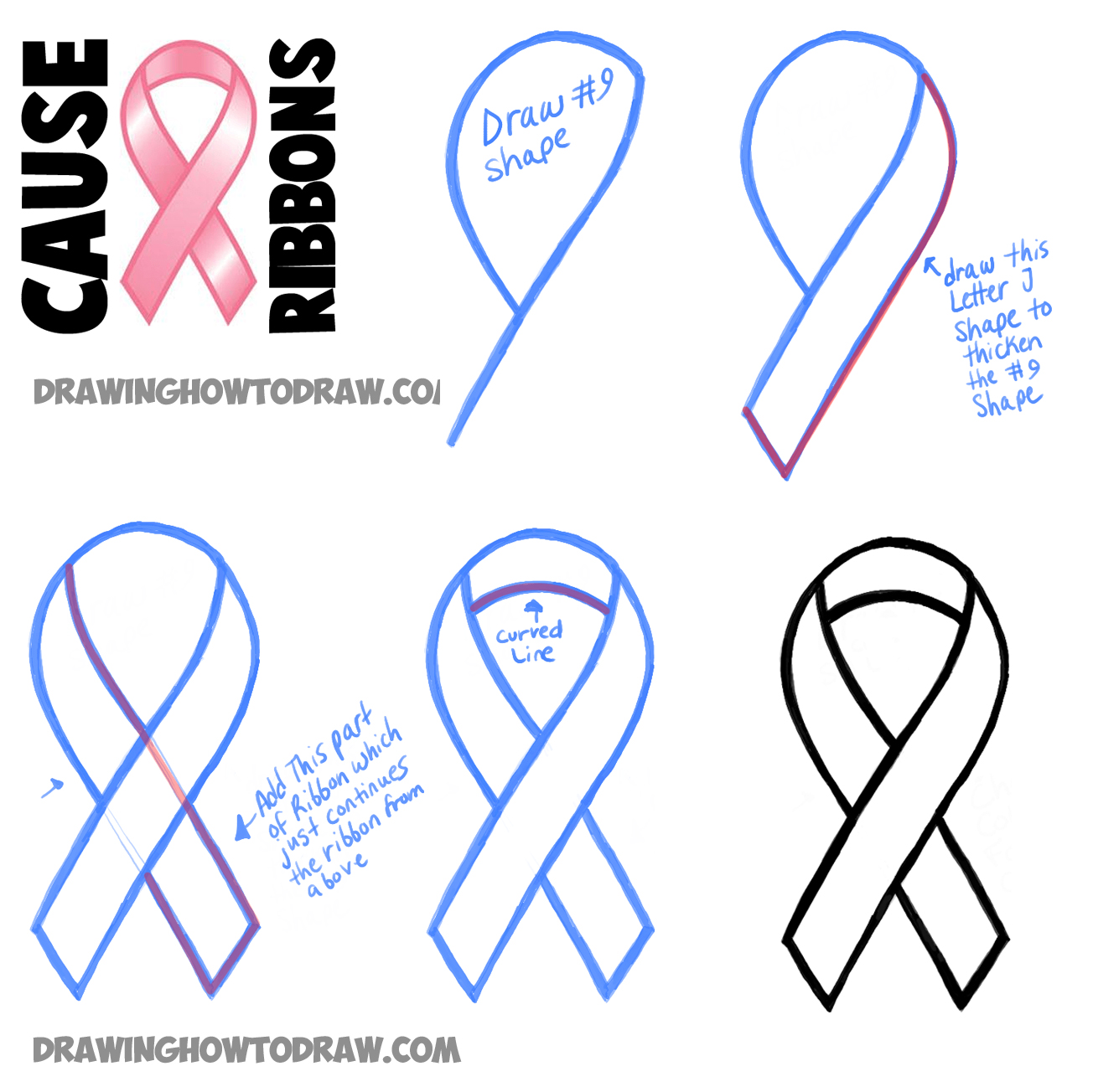 how to draw cause ribbons - little pink ribbons