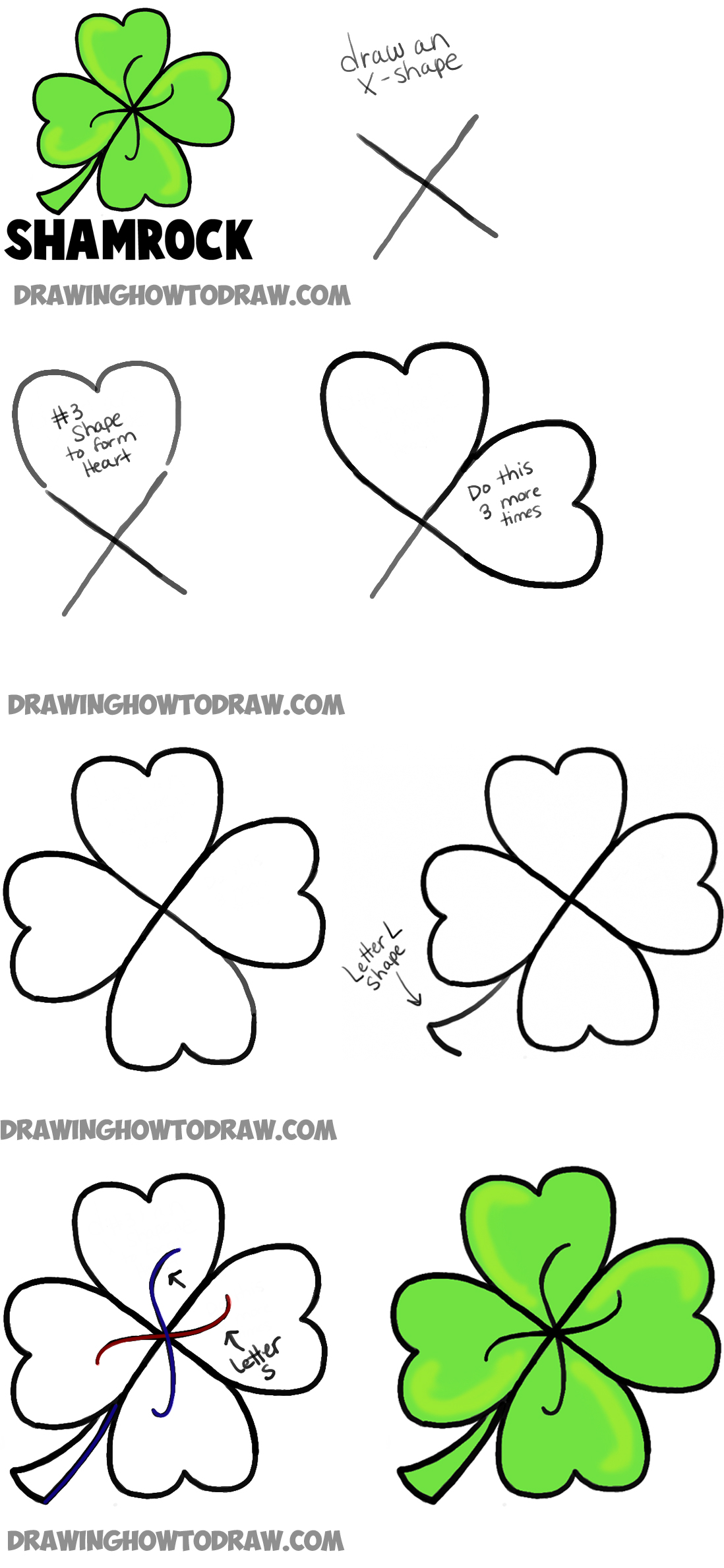 how to draw four leaf clovers and shamrocks