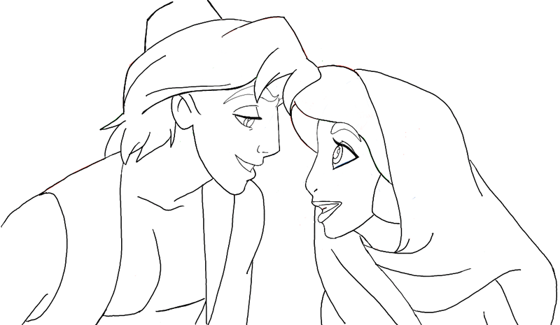 Finished Drawing of Aladdin and Jasmine Looking into Each Others Eyes
