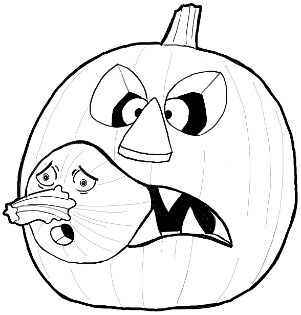 Finished Black and White Line Drawing of Large Pumpkin eating a baby Jack-O-Lantern