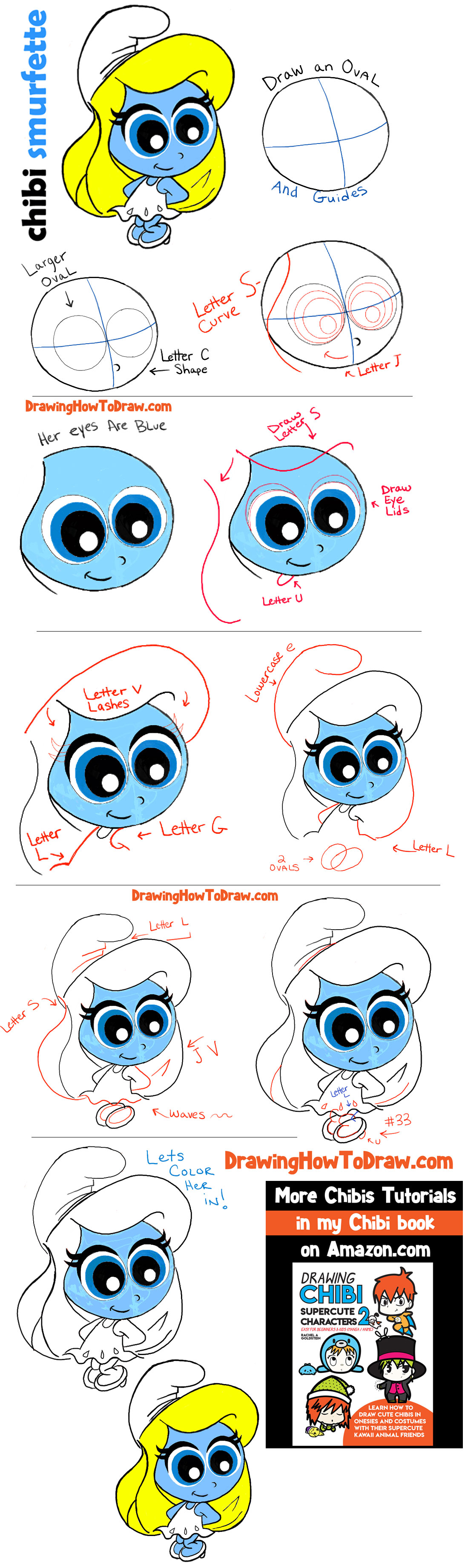 Drawing Tutorial for Learning How to Draw Chibi Smurfette or Baby Smurfette from The Smurfs
