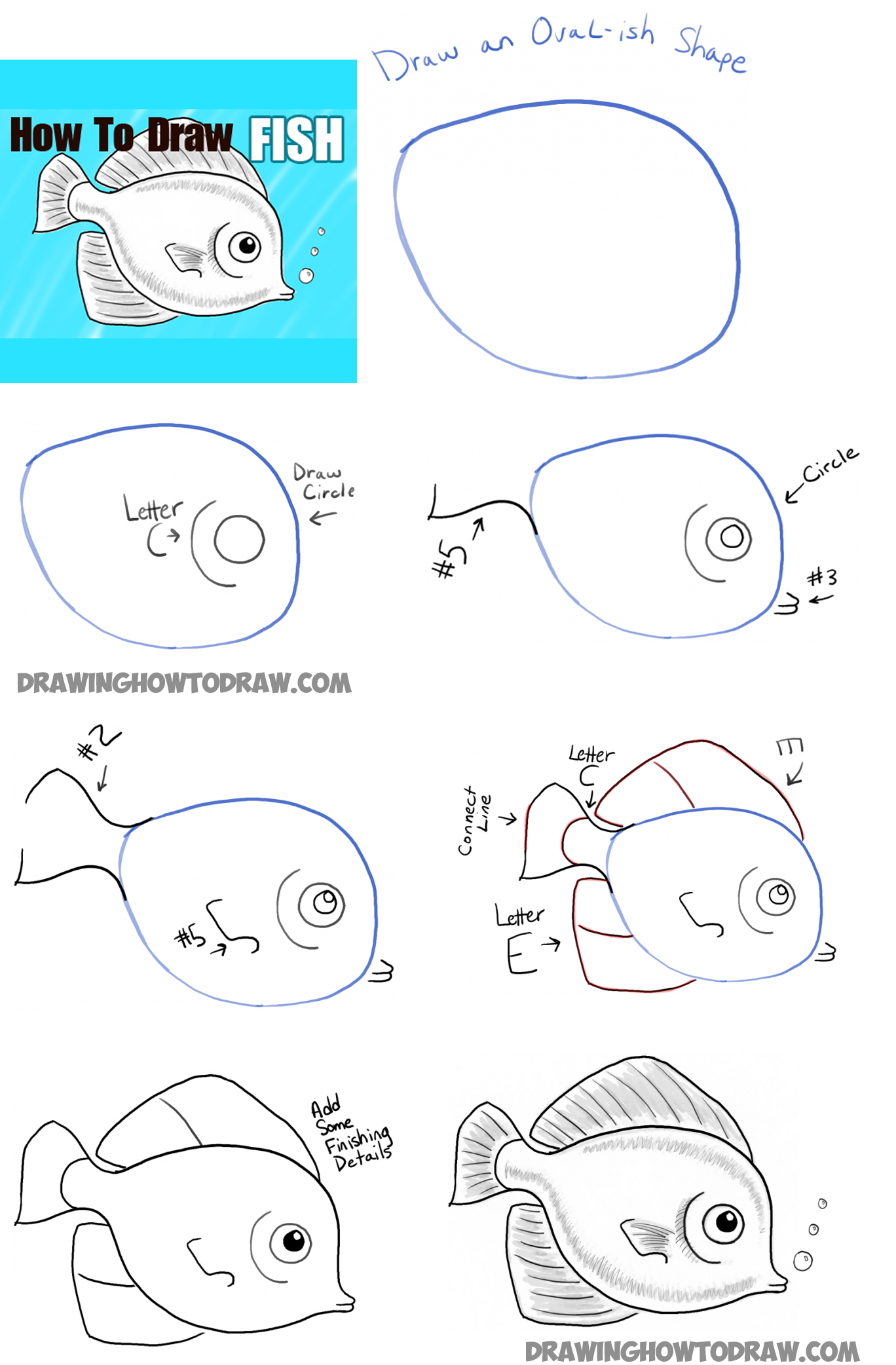 How to Draw a Cute Fish Cartoon with Simple Steps for Kids - How to