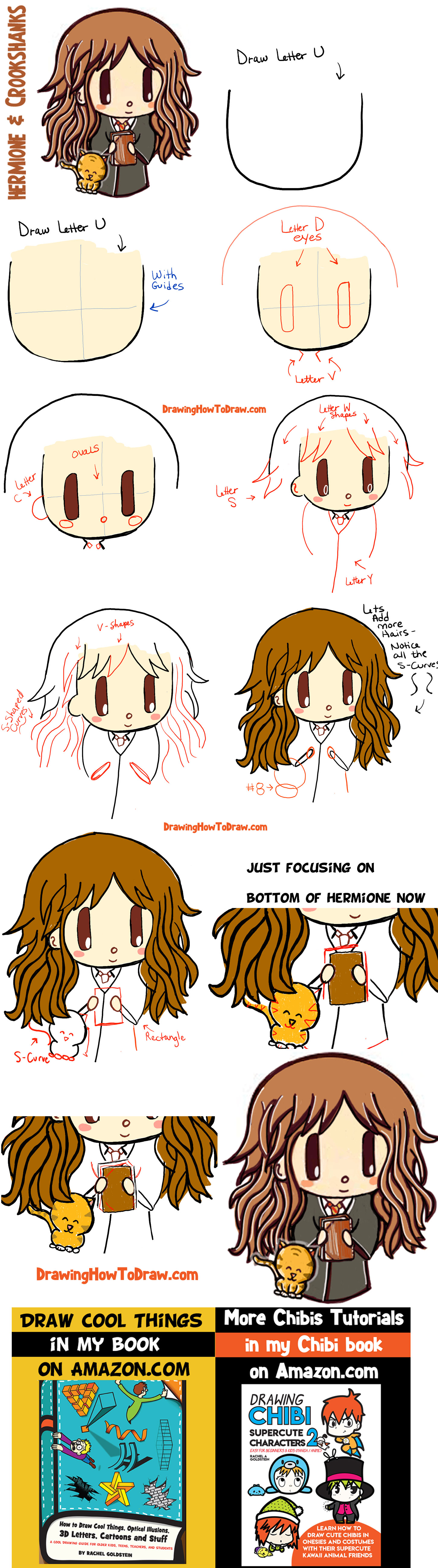 How to Draw Cute Chibi Hermione Granger and Crookshanks with Easy Steps