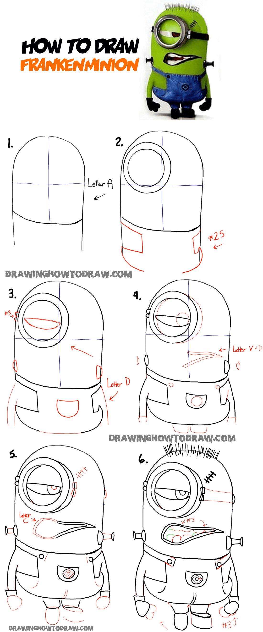 learn how to draw stuart the minion as frankenstein step by step drawing tutorial