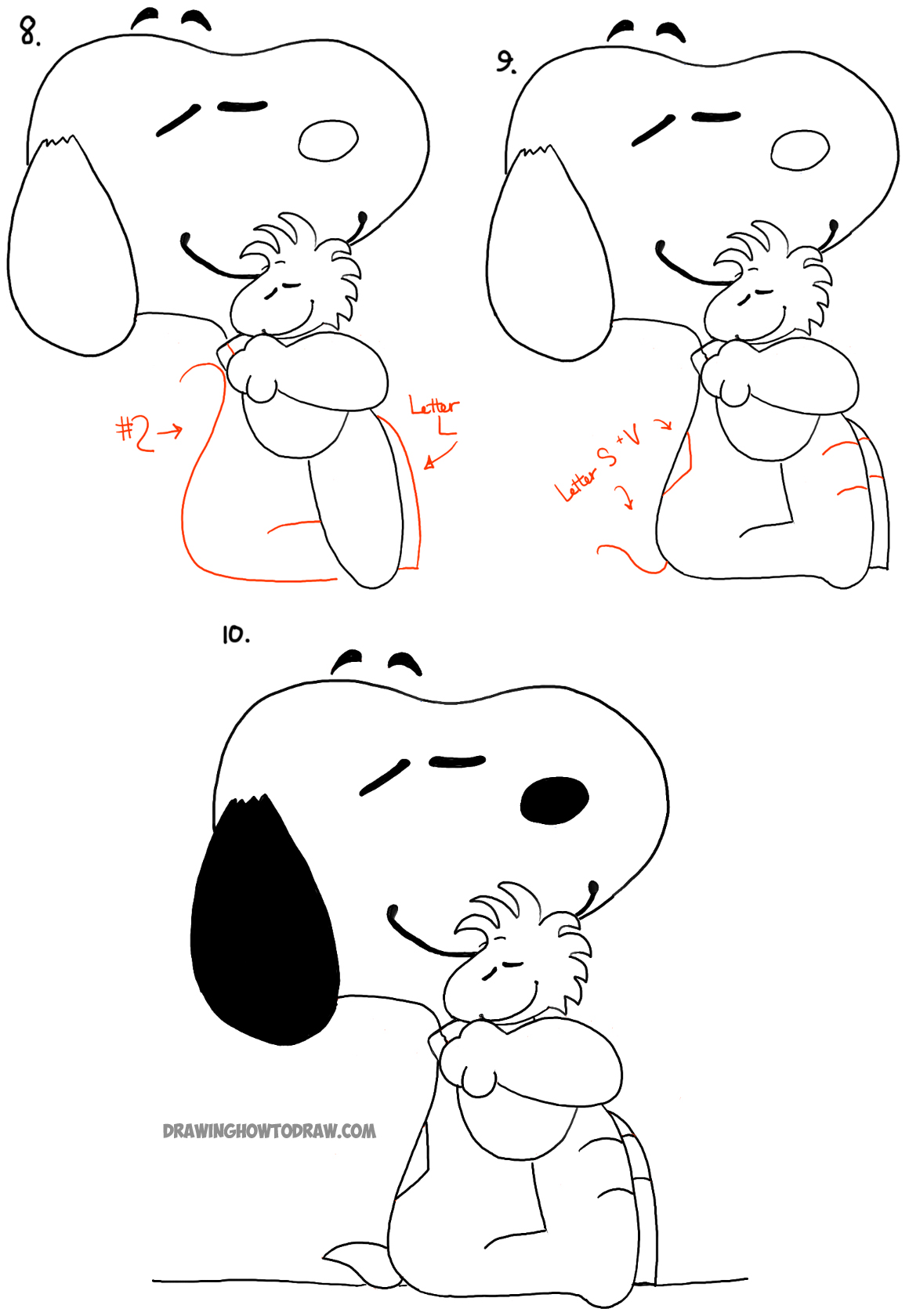 Learn how to draw Snoopy hugging woodstock with simple drawing lessons