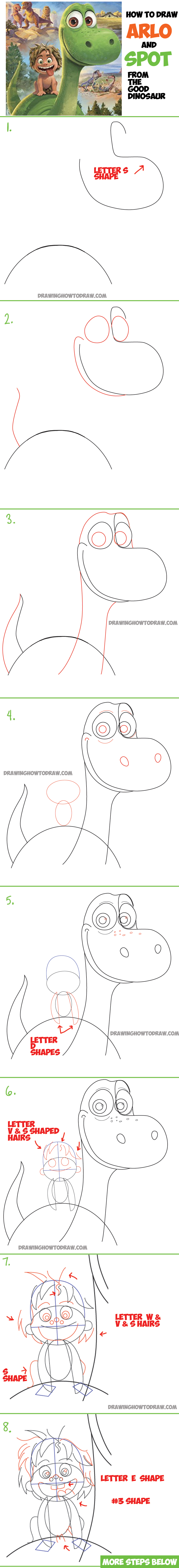 How to Draw Arlo and Spot (Dinosaur and Boy) from The Good Dinosaur with Simple Steps Drawing Tutorial