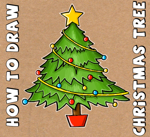 How to draw a cartoon christmas tree for christmas with easy steps