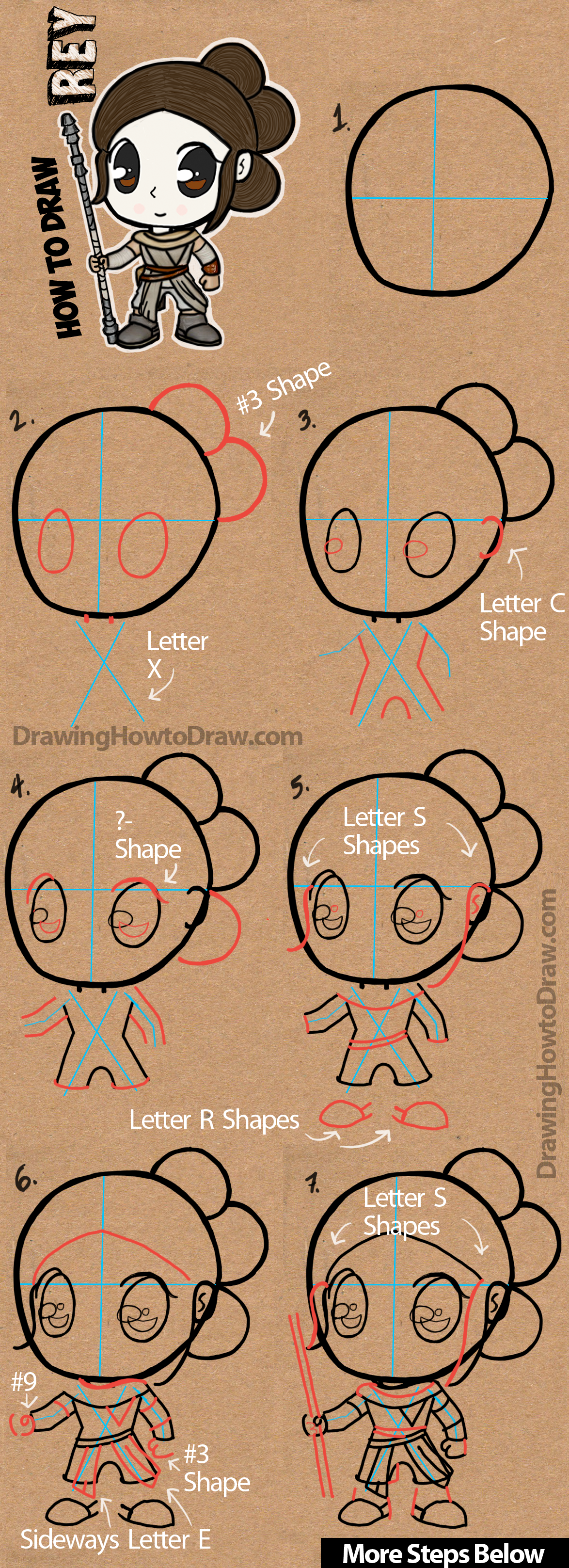 How to Draw Cartoon Chibi Rey from Star Wars The Force Awakens with Easy Step by Step Drawing Lesson
