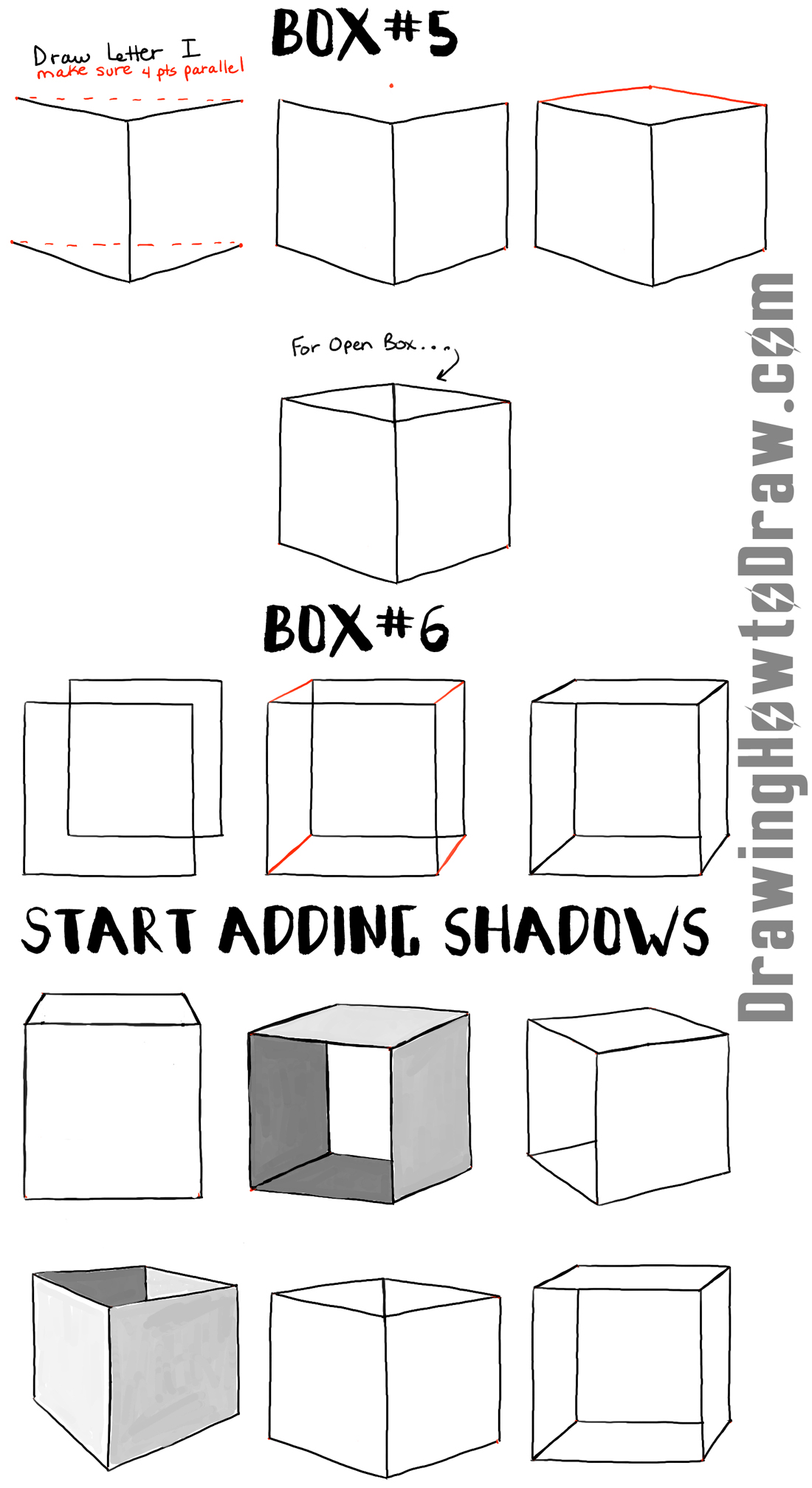 Learn how to draw boxes and cubes and shade them with easy step by step drawing lesson