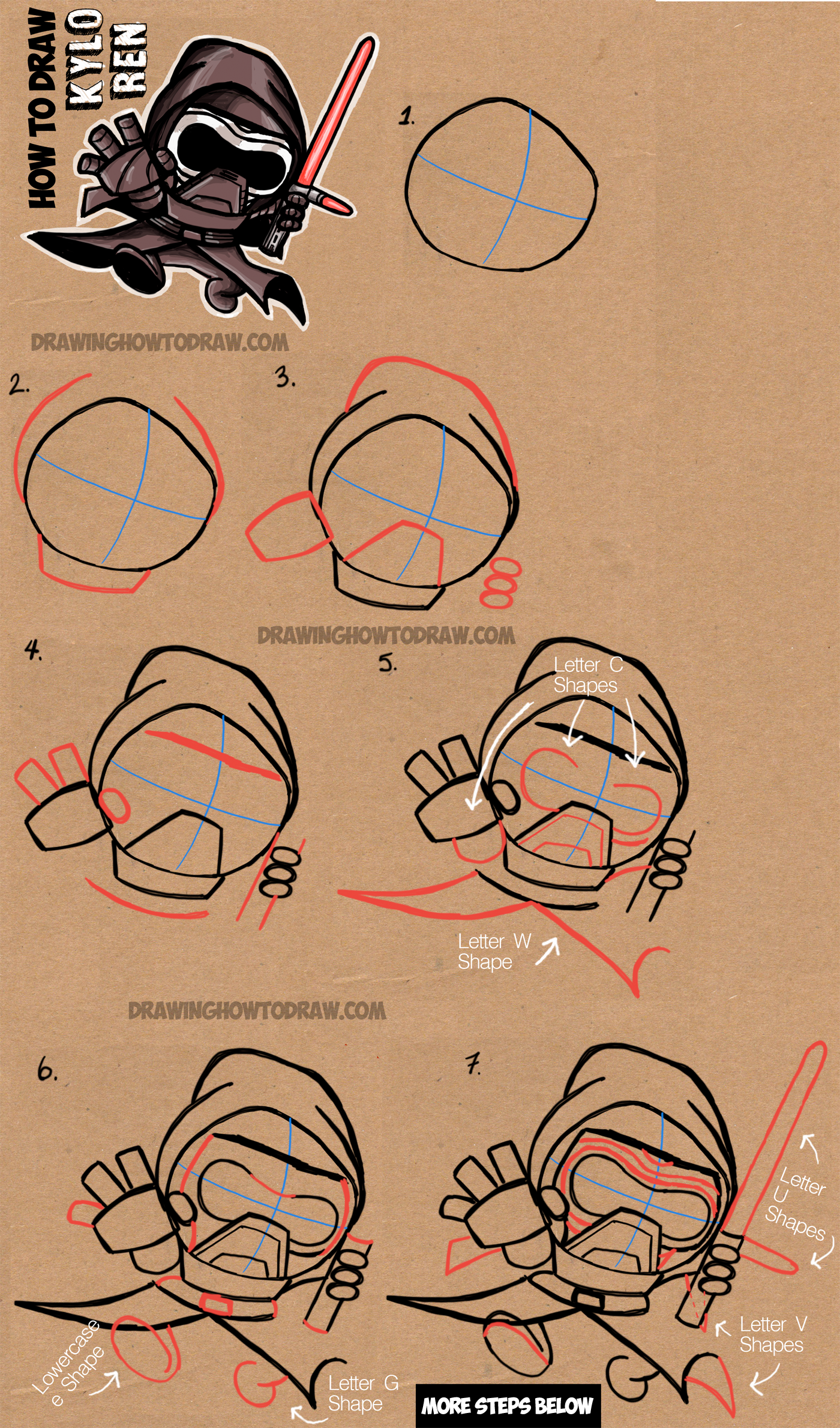How to Draw Cute Chibi Cartoon Kylo Ren from Star Wars The Force Awakens - Step by Step Drawing Tutorial