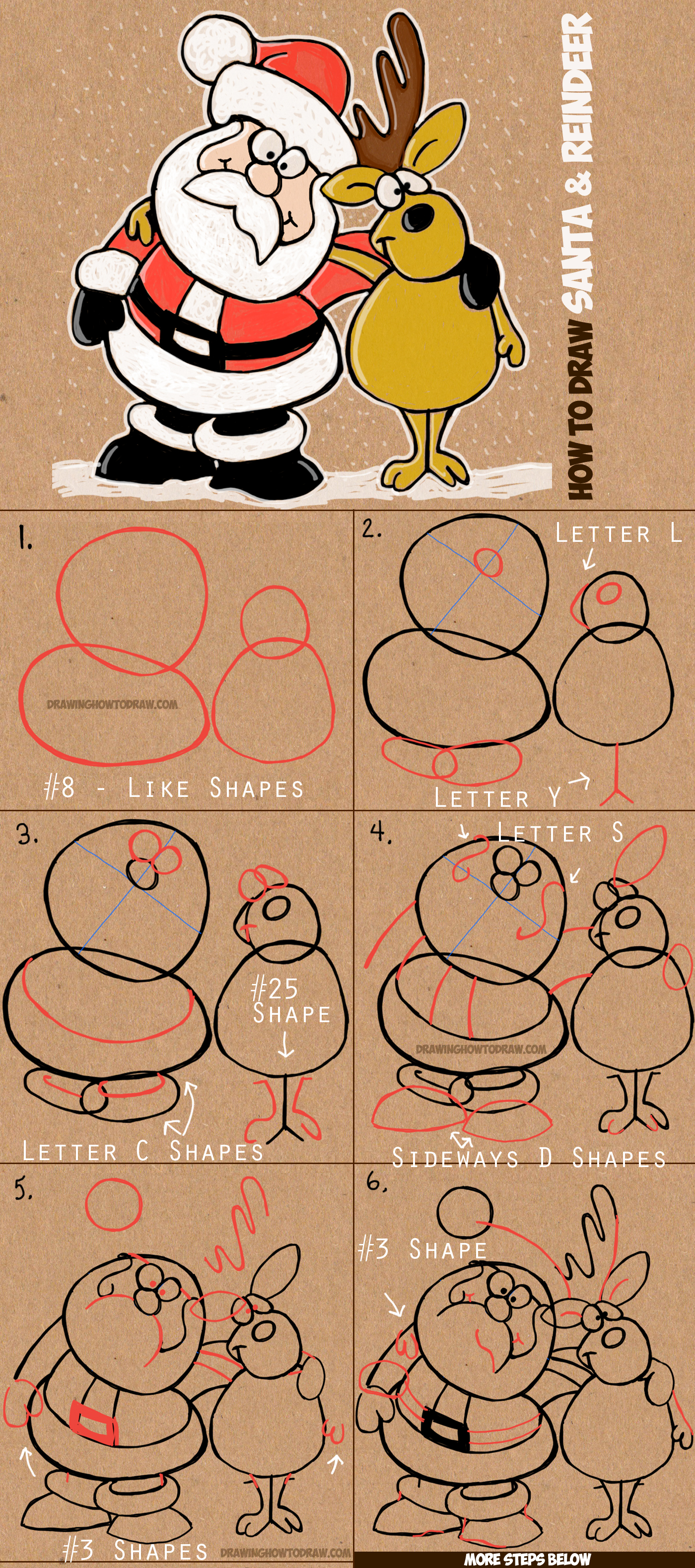 How to Draw Cartoon Santa Claus and Reindeer Simple Step by Step Drawing Lesson