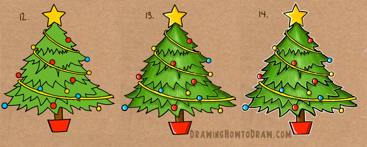 how to draw a cartoon christmas tree with ornaments, tinsel, and star