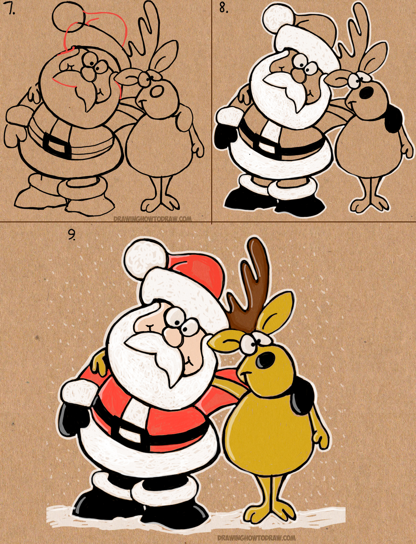 How to Draw Cartoon Santa Claus and Reindeer Simple Step by Step Drawing Lesson