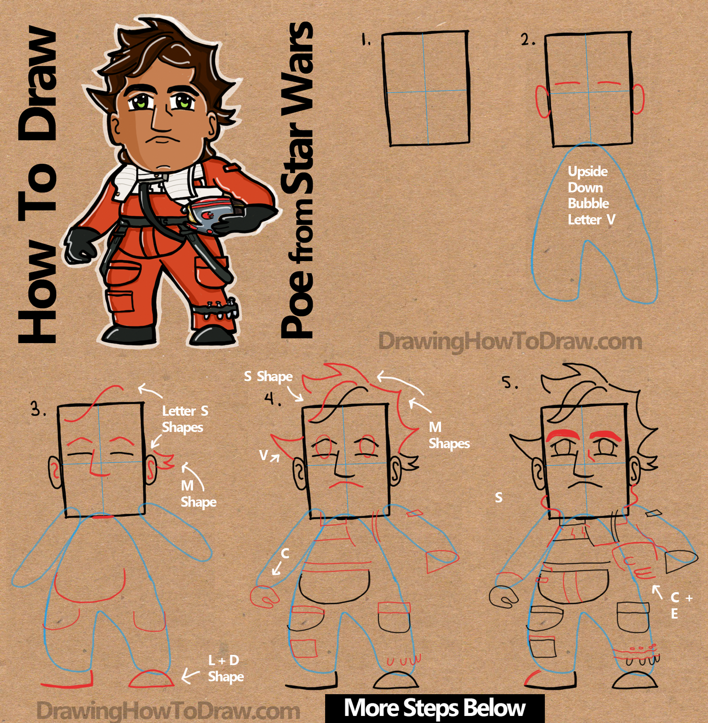 How to Draw Cartoon Chibi Poe from Star Wars The Force Awakens : Step by Step Drawing Tutorial