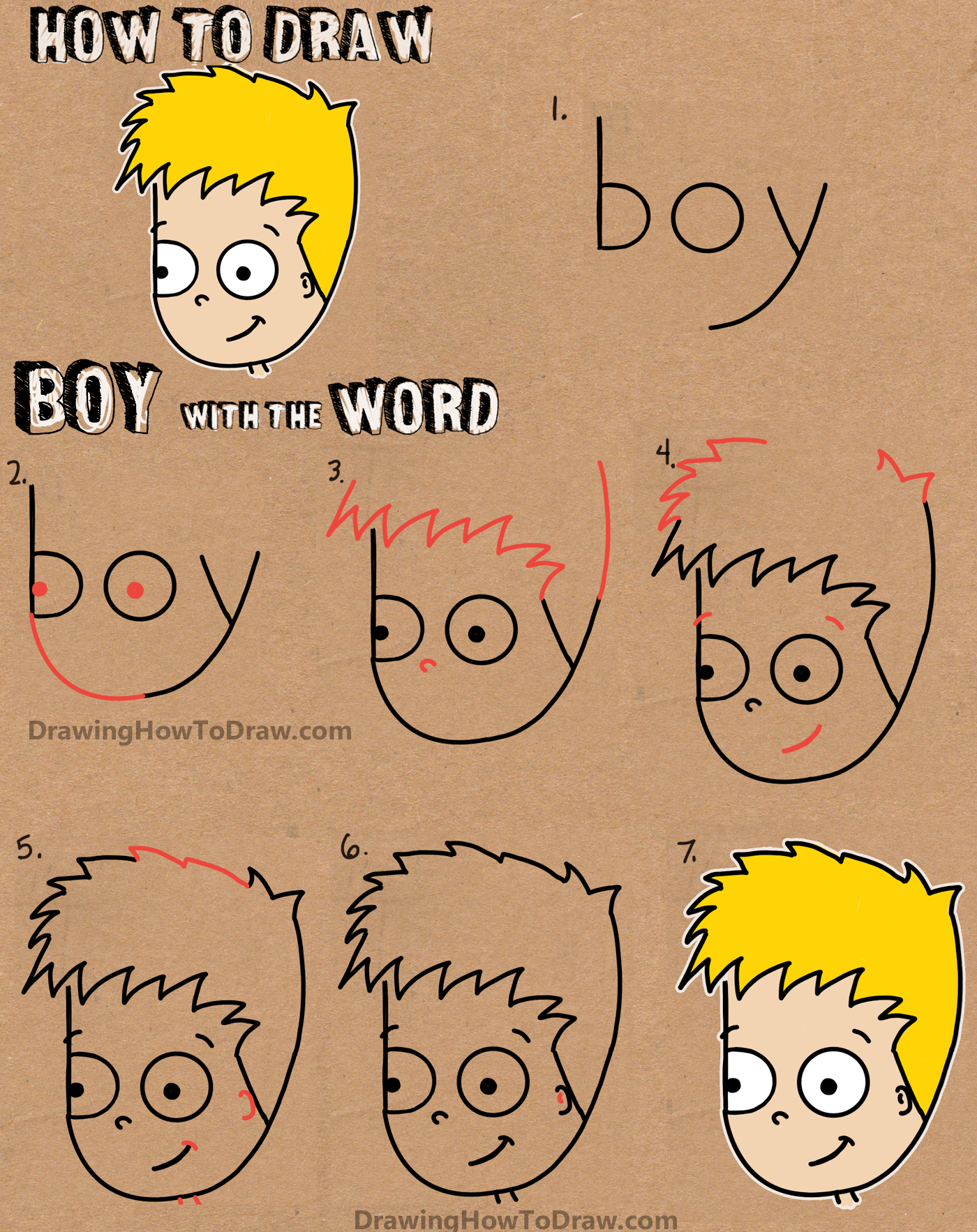 How to Draw a Cartoon Boy with the word Boy Easy Tutorial for Kids - How to  Draw Step by Step Drawing Tutorials