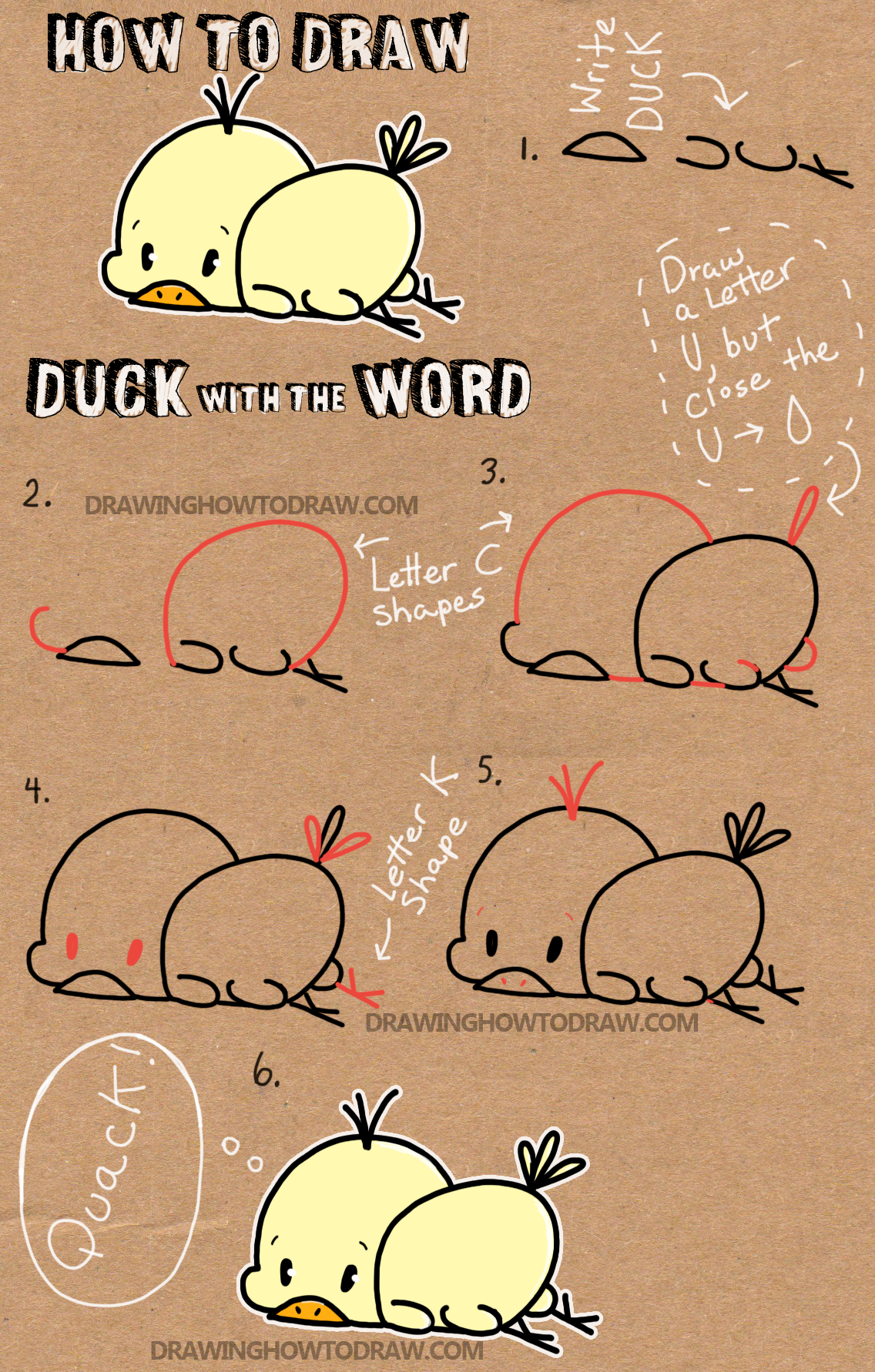 How to Draw Baby Cartoon Duck with the Word Duck Simple Step by Step Drawing Lesson for Kids