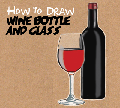 how to draw a glass of wine with a bottle as well