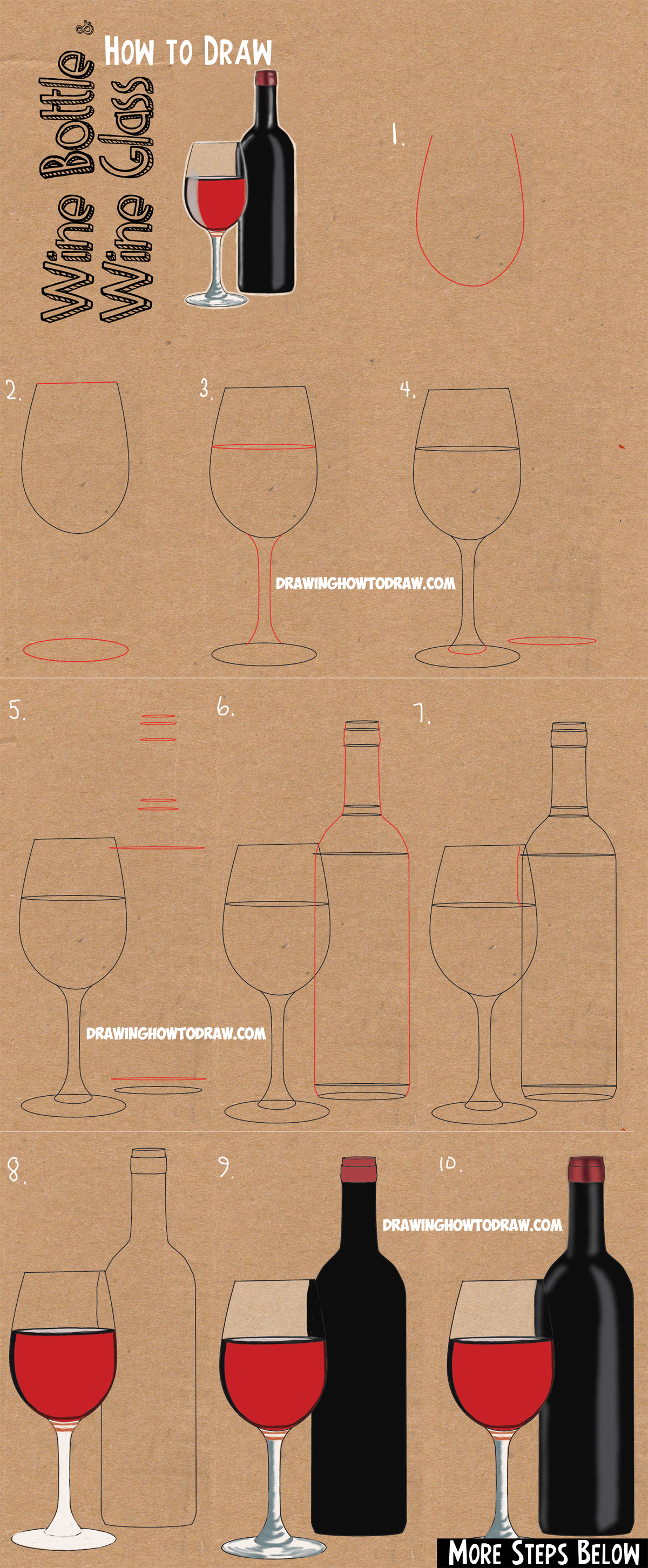 How to Draw a Bottle of Wine and Glass of Wine : Easy Step by Step Drawing Lesson