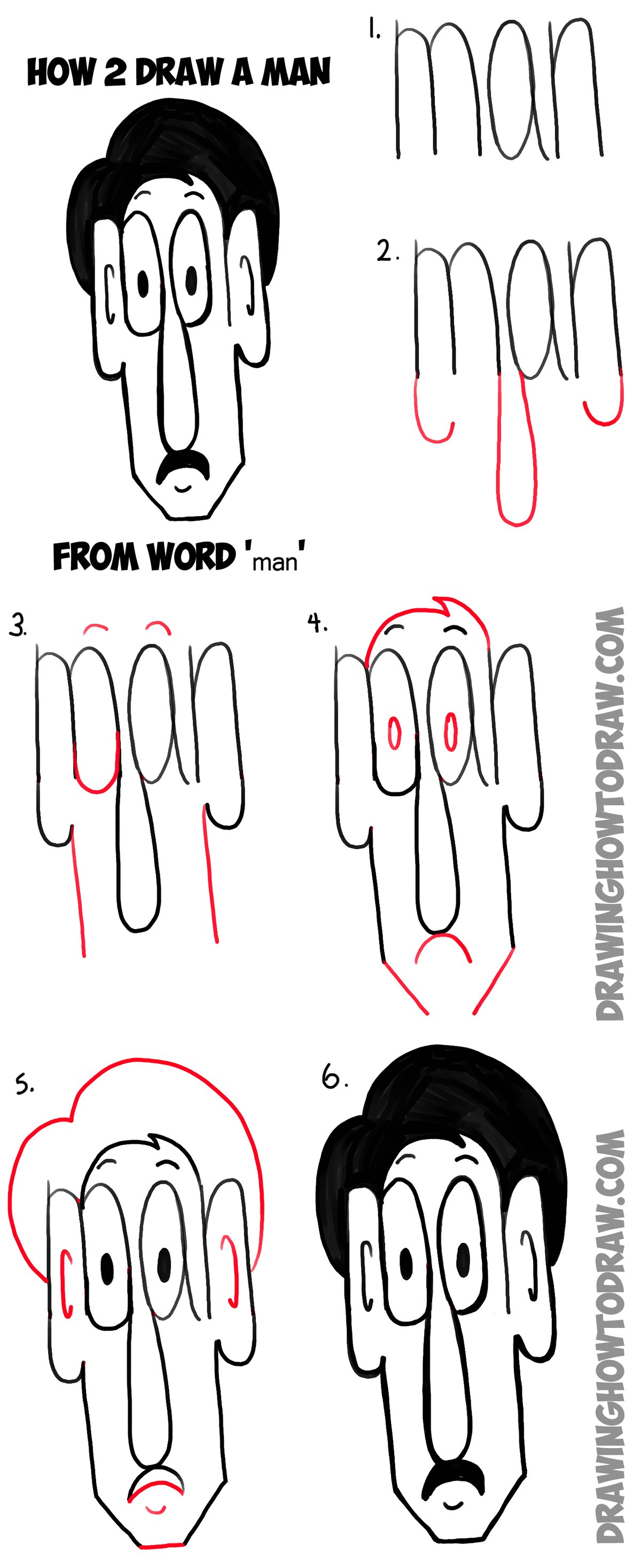 How to Draw Cartoon Man from the Word Man Simple Step by Step Drawing Tutorial for Kids