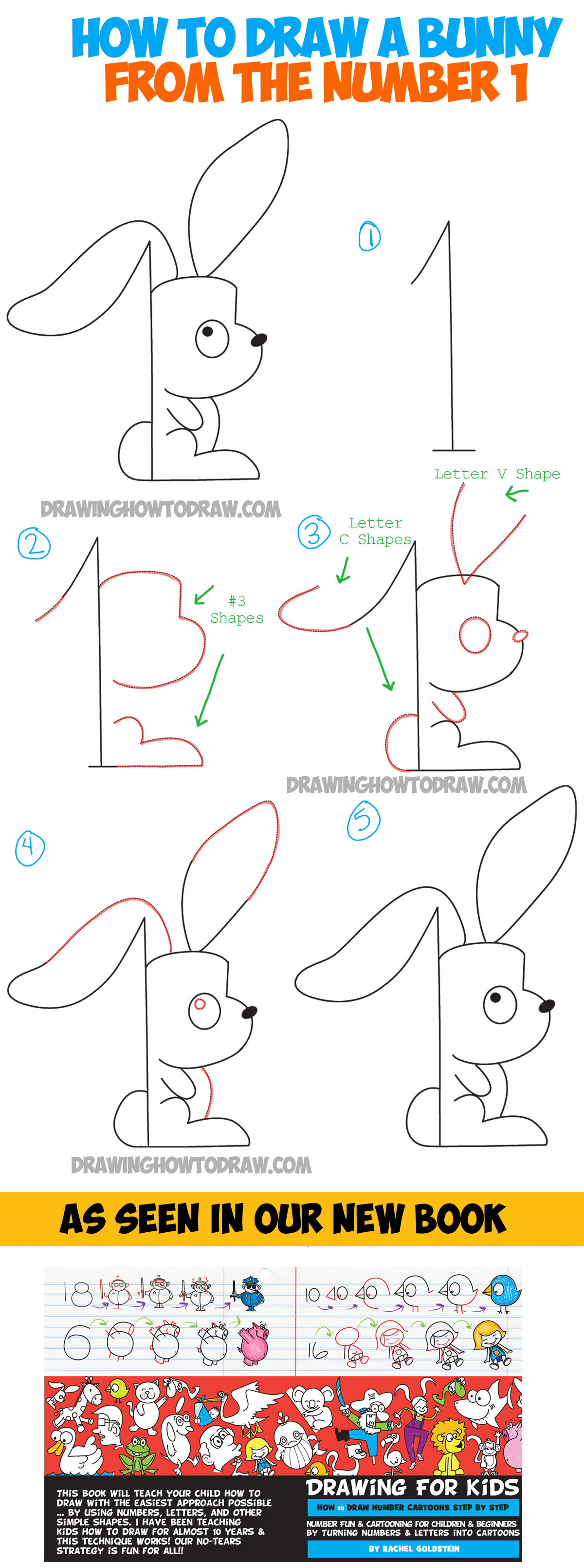 How to Draw a Cartoon Bunny Rabbit from the Number One - Drawing Tutorial for Kids