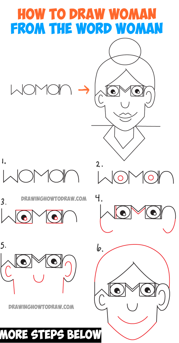 How to Draw a Cartoon Woman from the Word Woman - Easy Word Fun Drawing  Tutorial for Kids - How to Draw Step by Step Drawing Tutorials