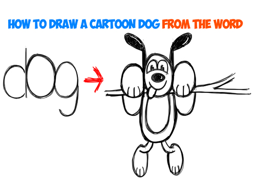 How to Draw A Cartoon Dog Hanging Out from the Word 'dog' : Easy Tutorial for Kids