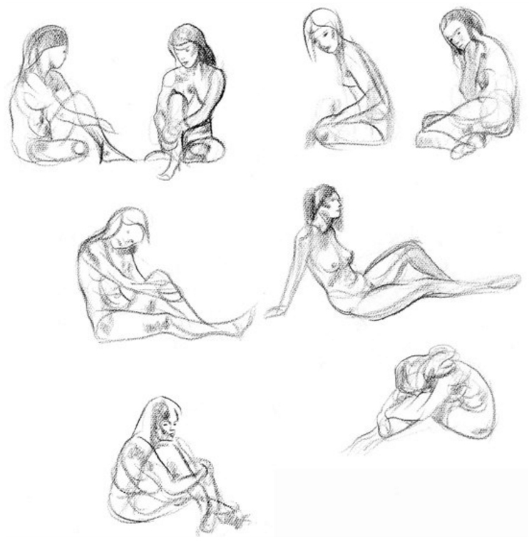 Before deciding on a simple seated position to use in a more sustained drawing, shown in step-by-step procedure on pages 71 through 73, I make a series of sketches as shown above. The one I have selected for completion is the simplest, but any could have been used.