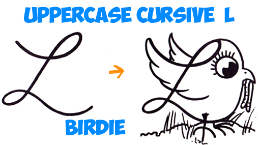 How to Draw Cartoon Bird with Worm from Uppercase Cursive L Easy Step by Step Drawing Lesson for Children