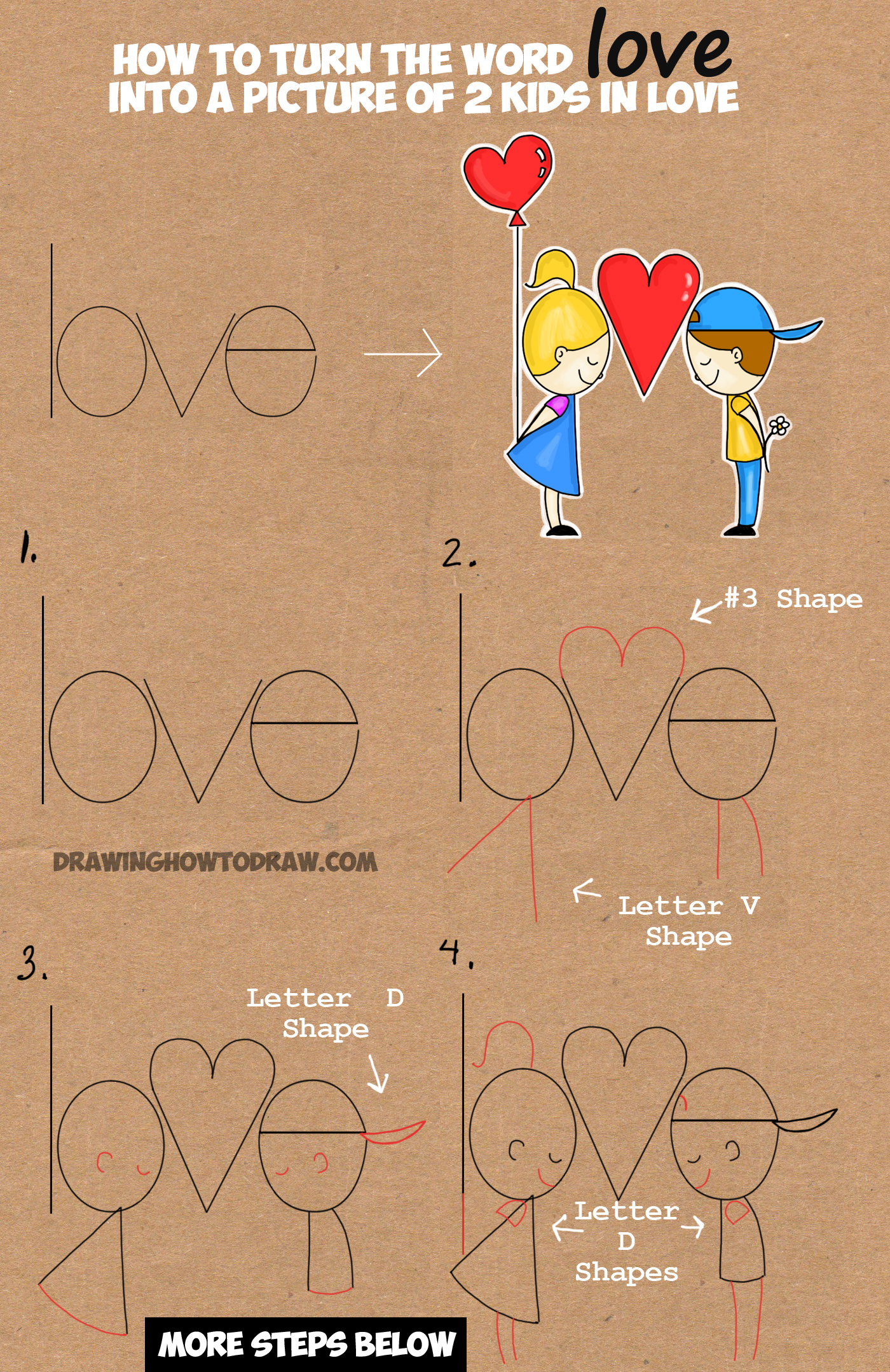 Learn How to Draw Cartoon Kids in Love from the Word Love in this Easy Words Cartoon Drawing Lesson for Children