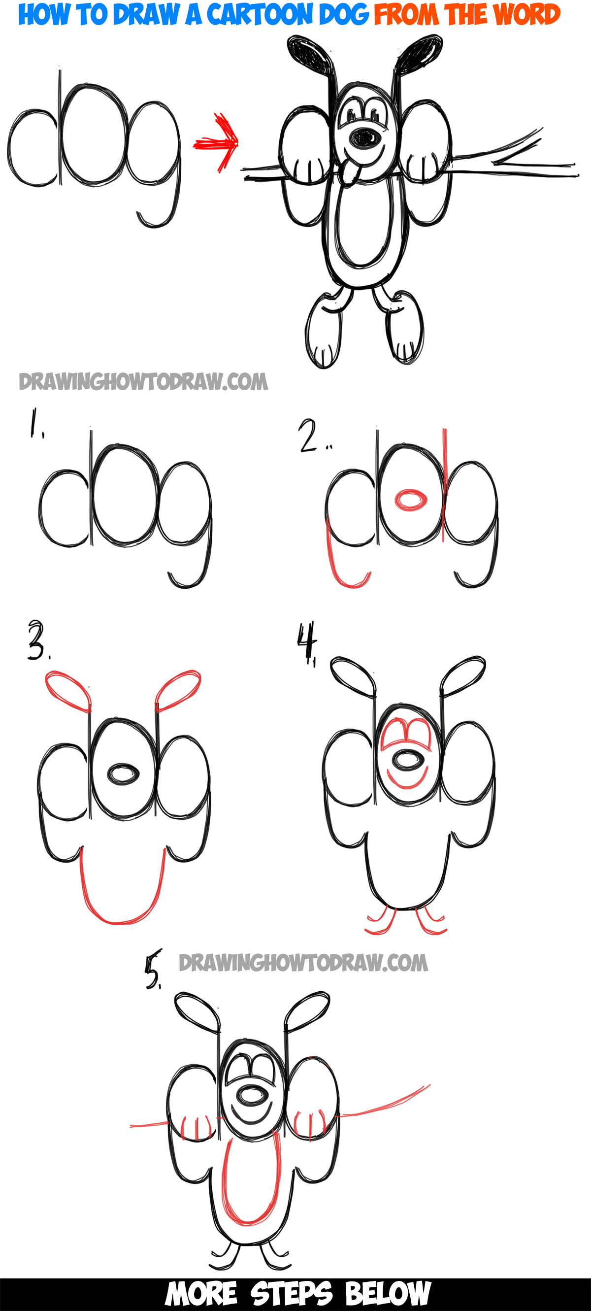 How To Draw A Cartoon Dog Hanging Out From The Word Dog Easy Tutorial For Kids How To Draw Step By Step Drawing Tutorials