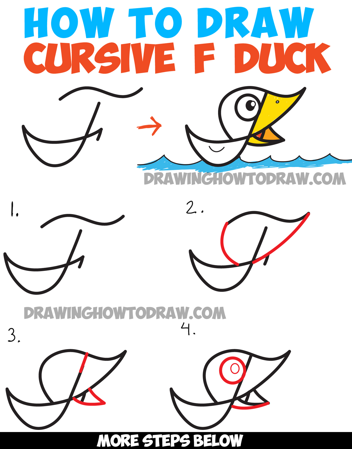 How to Draw Cartoon Duck on Water from Cursive Letter F - Drawing Tutorial for Kids