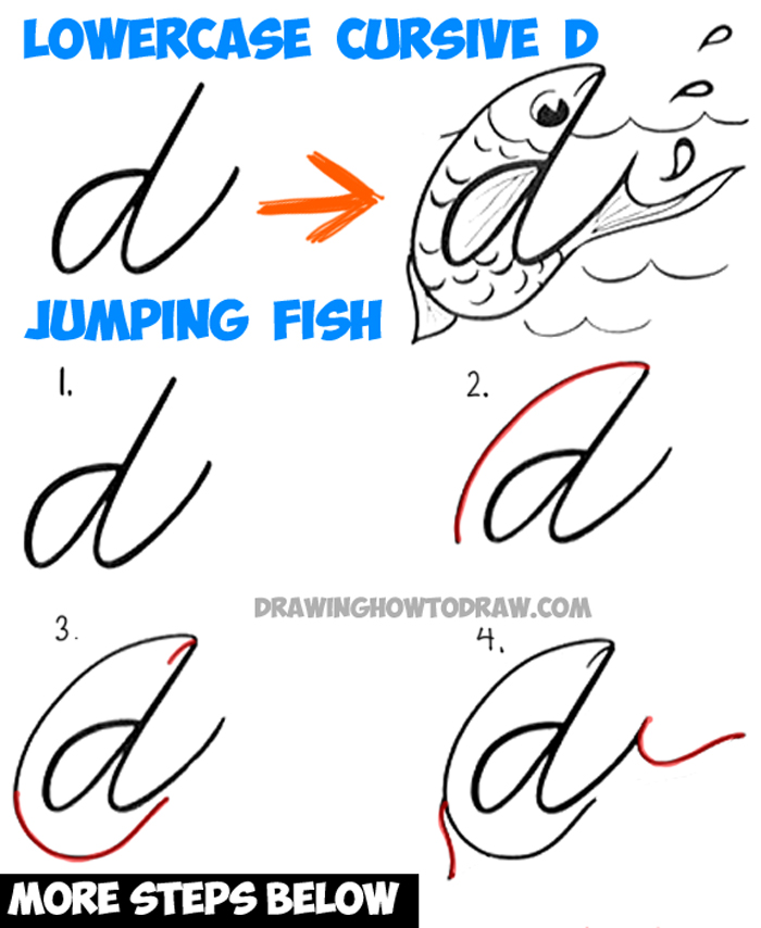 How to Draw Cartoon Jumping Fish from a Cursive Lowercase Letter d Shape - Tutorial for Kids