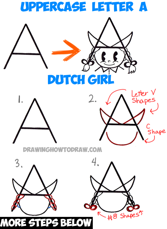 How to Draw a Cartoon Dutch Girl from an Uppercase Letter A Shape - Easy Step by Step Drawing Lesson for Children