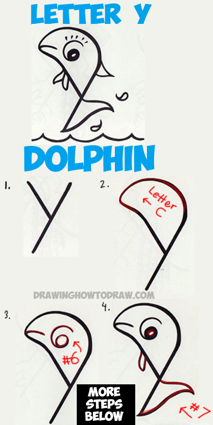 How to Draw a Cartoon Dolphin from a Lowercase Letter Y - Easy Tutorial for Kids