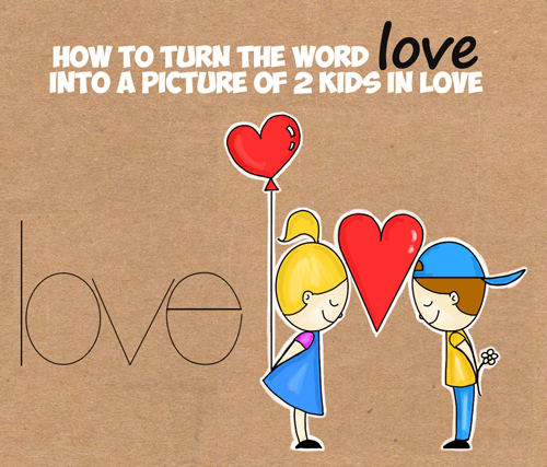 Learn How to Draw Cartoon Kids in Love from the Word Love in this Easy Words Cartoon Drawing Lesson for Children